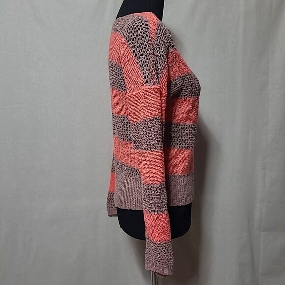 I Love Ronson Open Knit Sweater Womens Size Small Stripe Pink Beige LS - Picture 5 of 9